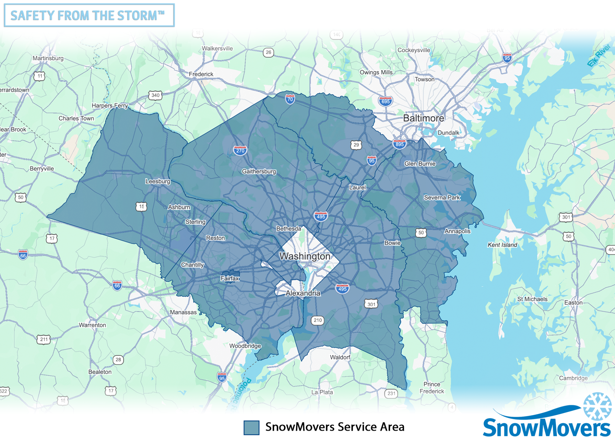 Map showing SnowMovers' service area across Maryland and Northern Virginia